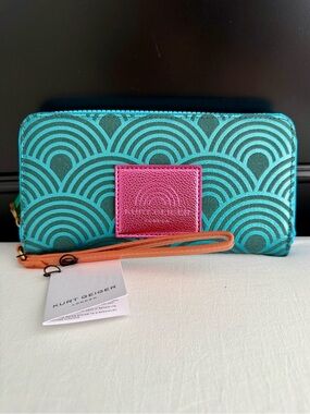 Kurt Geiger Turquoise Patterned Zip Wallet with Pink Badge and Tan Wristlet